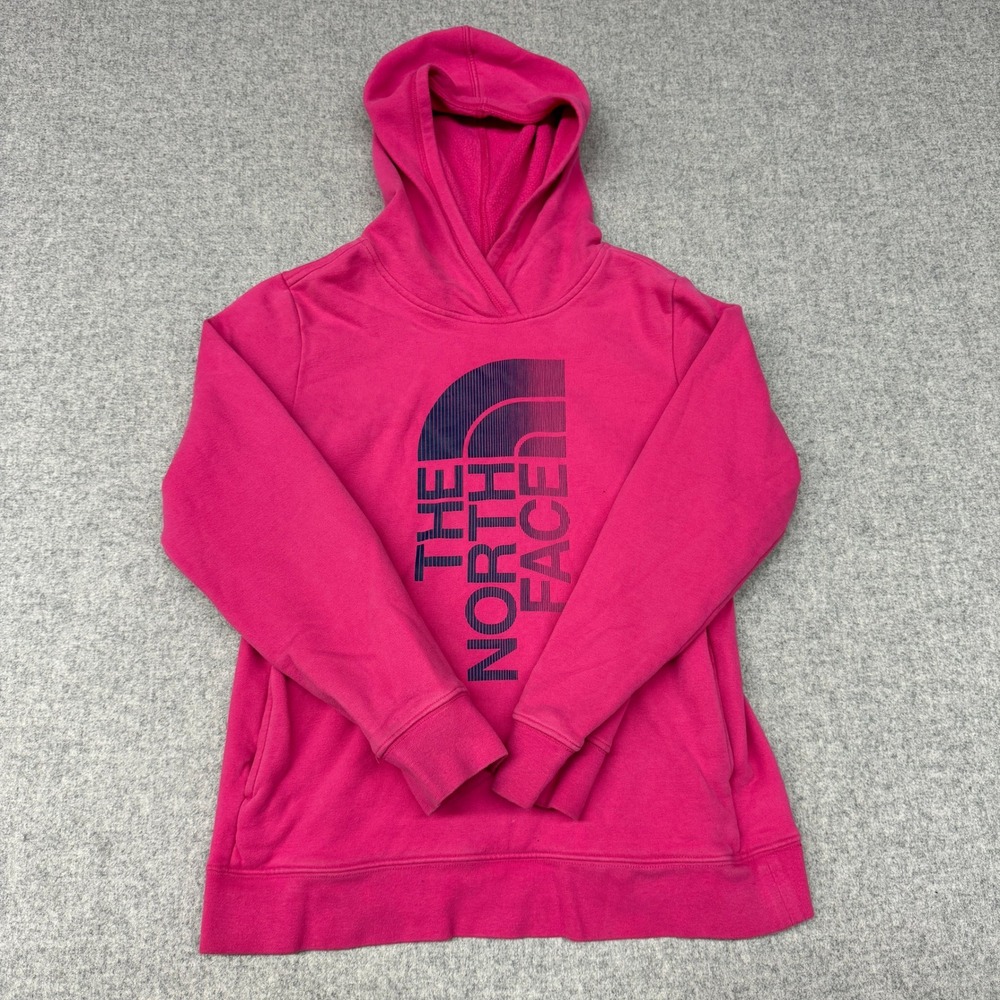 The North Face Girl's Pullover Hoodie Size Large 14/16 Pink Navy Logo Fleece